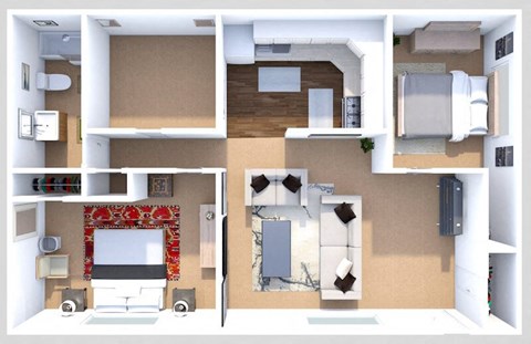 Floor plan for 2 beds, 1 bath, 932 sqft